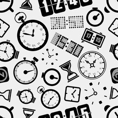 Obraz premium Different style clocks seamless background. Monochrome illustration