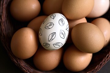 Easter eggs. White Easter with a pattern on a background of brown eggs.