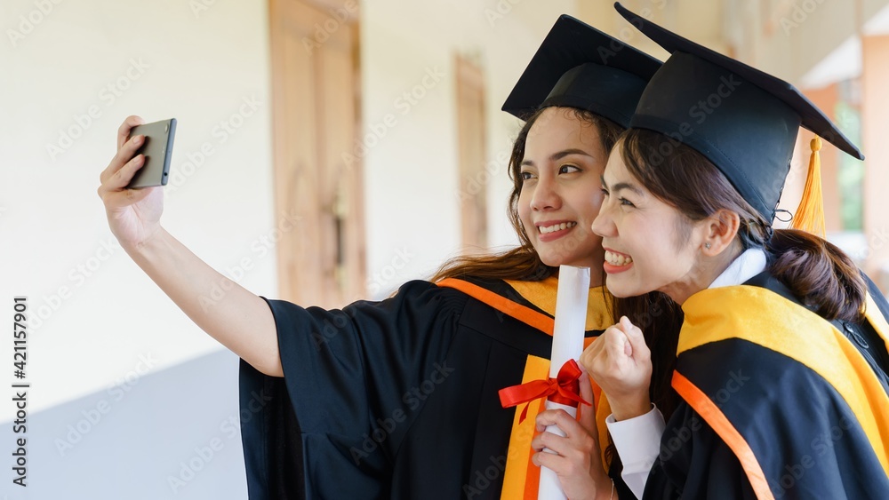 Sticker the university graduates in graduation gown and a mortarboard cap with a degree certificate in hand 