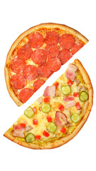 Pizza, two halves isolated on a white background. Versus concept. Appetizing pizza.