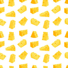 Cheese seamless pattern. Pieces of yellow cheese, isolated on a white background. Pieces of cheese of various shapes. Vector flat illustration