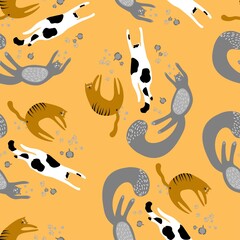 Pattern with Funny cats. Vector illustration. Dirty cat traces. Relax, rest, calm, lazy, animals, cute, cheerful. Textile, paper design.