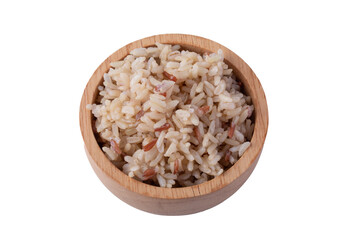 Jasmine brown rice in wooden cup on white background