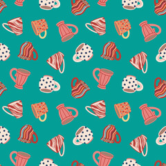Seamless pattern with cups and mugs. Cute ceramic tableware. Design of textiles, menus, canteens, eateries, cafes and restaurants. Vector illustration