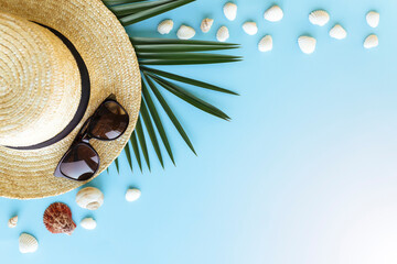 Travel, vacation concept. Hat, sea shells, palm, eyeglasses on blue background
