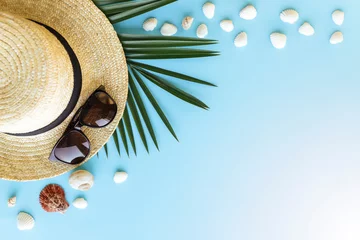 Fotobehang Travel, vacation concept. Hat, sea shells, palm, eyeglasses on blue background © Lena Ivanova