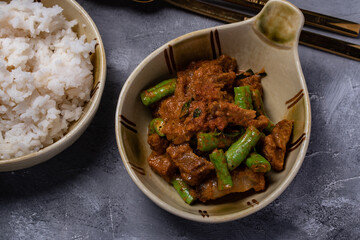 Stir Fried Crispy Pork Curry with Long Beans on Thai Food