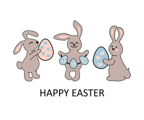 Three bunnies, rabbits with eggs on white background. Happy Easter. Vector illustration.