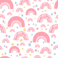 Children's seamless pattern with pink rainbow and flower in pastel colors. Cute texture for kids room design, Wallpaper, textiles, wrapping paper, apparel. Vector illustration