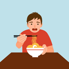 Man feel hungry and eating noodles for lunch. Chinese noodle soup meal. Instant noodles with egg.