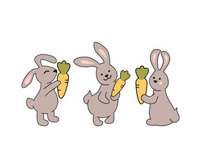 Fototapeta premium Bunnies, rabbits with carrot are on white background. Vector illustration set.