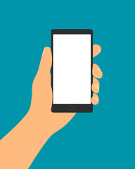 Flat design illustration of male hand holding in fingers mobile phone with blank white touch screen and space for your text.Isolated on green background, vector