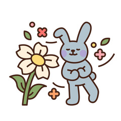 Cute easter bunny character. Rabbit smelling the flower scent. flat design style minimal vector illustration.