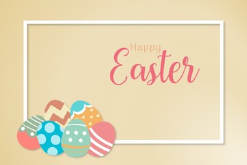 Coloful Easter Eggs in light yellow background. Happy Easter Day poster, banner in flaylay with typography