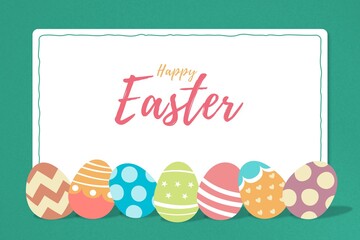 Coloful Easter Eggs in green background. Happy Easter Day poster, banner in flaylay with typography