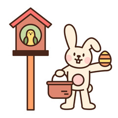 Cute easter bunny character. The white rabbit is holding a basket of eggs and giving it to the bird. flat design style minimal vector illustration.