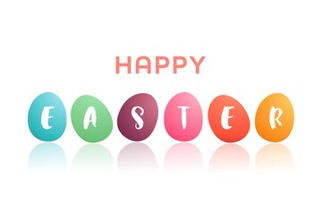 Coloful Easter Eggs in light yellow background. Happy Easter Day poster, banner words made of letters on multicolored eggs.