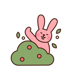 Obraz premium Cute easter bunny character. A rabbit protruding from the bush greets you. flat design style minimal vector illustration.