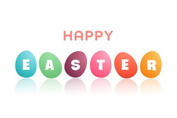 Coloful Easter Eggs in light yellow background. Happy Easter Day poster, banner words made of letters on multicolored eggs.