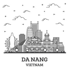 Outline Da Nang Vietnam City Skyline with Historic Buildings Isolated on White.