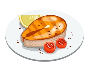 Grilled salmon fillet fish on plate. Cooked tuna steak with lemon and tomatoes. Cartoon vector seafood illustration.