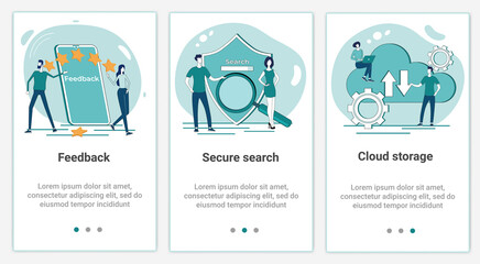 A set of UI and UX interfaces for smartphone screens.Features of adaptive design.The theme is Secure Search ,Fedback, and cloud storage.Flat vector illustration.