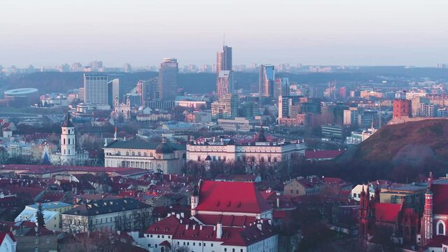 Aerial view of Vilnius Old Town with business district in the background. 