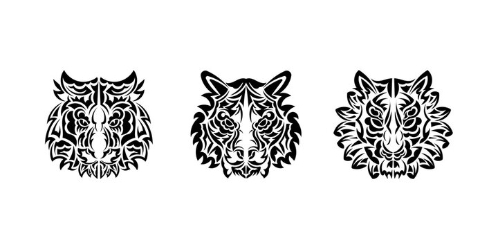 Tiger face tattoo set in Maori style. Boho tiger face. Good for prints, apparel and textiles. Vector