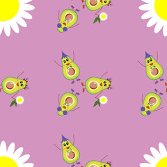 Seamless pattern of funny baby avocados. Exotic fruits in cartoon style with chamomile, daisy, bows, glasses, smile. Pink background. For textiles, children's patterns, linen, packaging. Vector