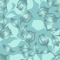 Sweet Tulip Silhouette Drawing in Green Vector Graphic Seamless Pattern