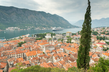 Fototapeta na wymiar Kotor Bay and terracotta tiled rooftops viewed from above the Old Town,Kotor,Montenegro.