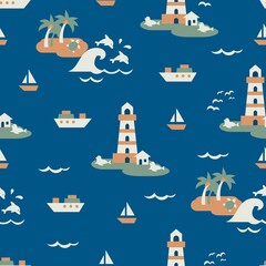 Ocean and Coast Lighthouse Vector Graphic Illustration Seamless Pattern