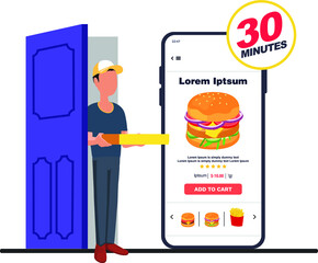 Food delivery guy handing pizza box on doorway. Cartoon vector illustration. Delivery order. Open door. Inside of home.