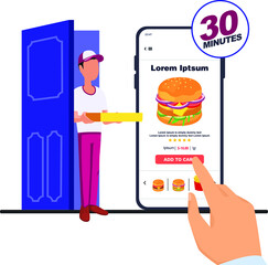 Food delivery guy handing pizza box on doorway. Cartoon vector illustration. Delivery order. Open door. Inside of home.