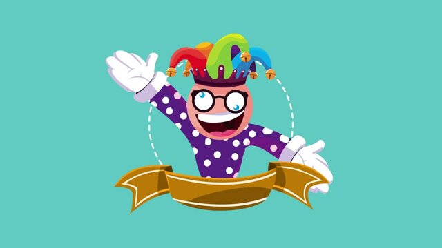funny clown wearing jester hat with golden ribbon