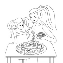 Mother and daughter cooking Easter cake together. Black and white contour illustration. Illustration can be used for coloring books.