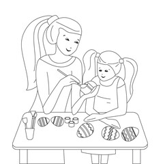 Mother and daughter painting Easter eggs together. Black and white contour illustration. Illustration can be used for coloring books.