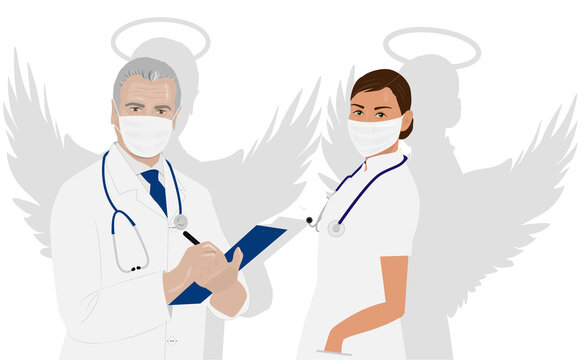 Doctors man and woman masked with wings