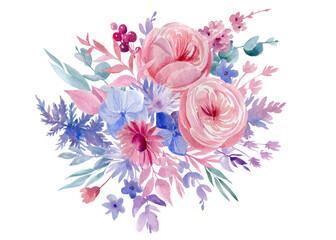 Obraz na płótnie Canvas Bouquet abstract pink and blue flowers on isolated on white background, Watercolor painting