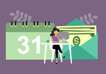 Salary or wages monthly payment concept. Company employee working with computer in flat design. Dollar coins and banknotes in envelope with calendar on background.