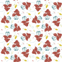 Amanita colorful mushrooms seamless vector pattern. Stylized mushrooms on a light background. Red and blue fly agaric and leaves
