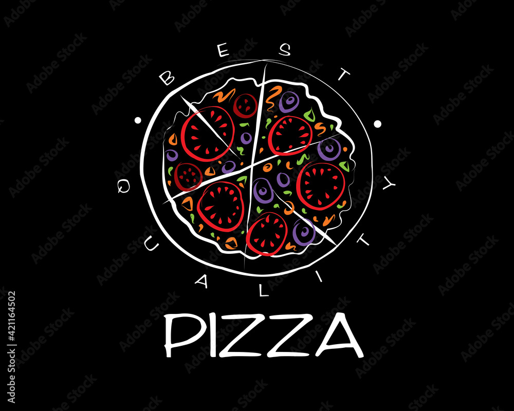 Wall mural Hand drawn vector pizza logo on black background