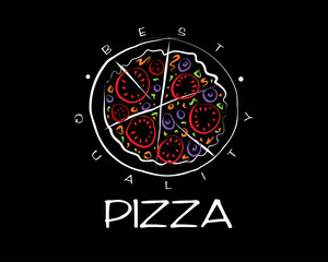 Hand drawn vector pizza logo on black background