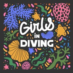 Girls in diving. Vector illustration. Scuba diving. Underwater, weightlessness, beautiful, woman, lifestyle, relaxation, flying, swimming, deep, exploring.