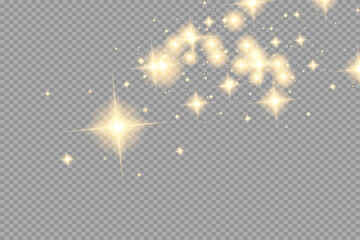 The dust sparks and golden stars shine with special light. Vector sparkles on a transparent background. Christmas light effect. Sparkling magical dust particles. 