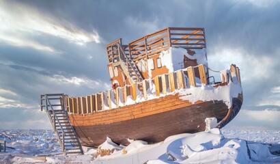 A wooden boat hauled out of the water and turned into a tourist attraction on the snowy Hudson Bay...
