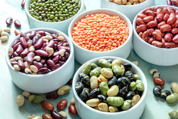 Legumes. Many different pulses in bowls