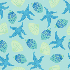 Seamless vector pattern with seashells and starfish. Blue and turquoise shades. Beautiful summer pattern.