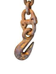 Hook, old rusty yellow crane hook with a chain on white with clipping path. Selective focus.