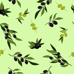 Seamless pattern with branches, leaves, and olive fruits on a light green background. Vector graphics.